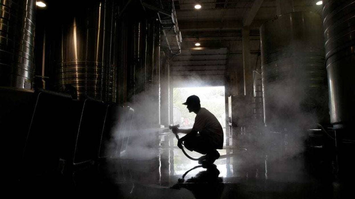 A worker uses a hose to clean out plastic bins in the fermenting tank room on October 9, 2007 in Napa, California.