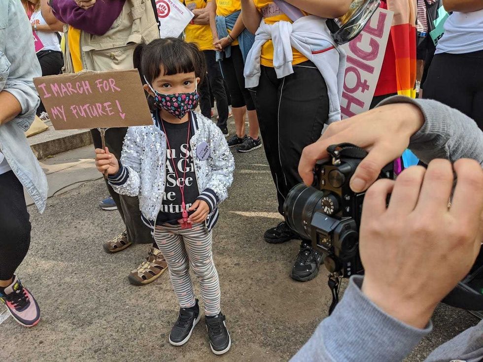 A young protester in Montclair, New Jersey, on Saturday, Oct. 2, 2021