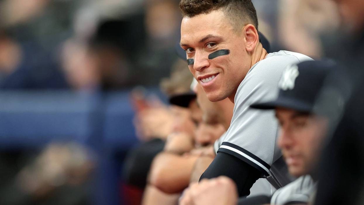 Aaron Judge #99 of the New York Yankees smiles after his solo home run against the Tampa Bay Rays in the eighth inning at Tropicana Field on May 29, 2022.