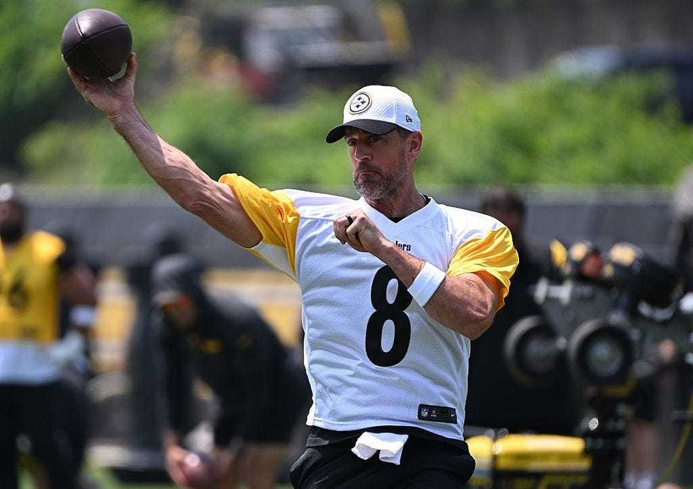 Aaron Rodgers #8 of the Pittsburgh Steelers in action during Minicamp at UPMC Rooney Sports Complex