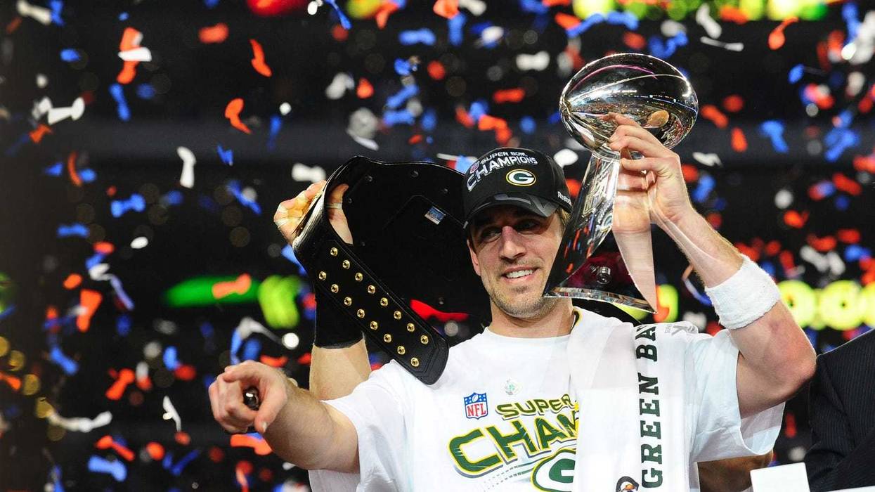 Aaron Rodgers celebrating Super Bowl