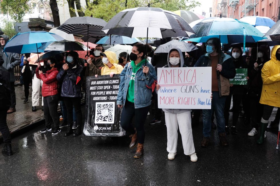 Abortion rights activists gather outside of Basilica of St. Patricks Old Cathedral on May 7, 2022 in New York City. The protests at the , which have been occurring weekly and where a small number of anti-abortion activists worship, have been given added urgency by the recent leaked Supreme Court ruling on Roe v. Wade.