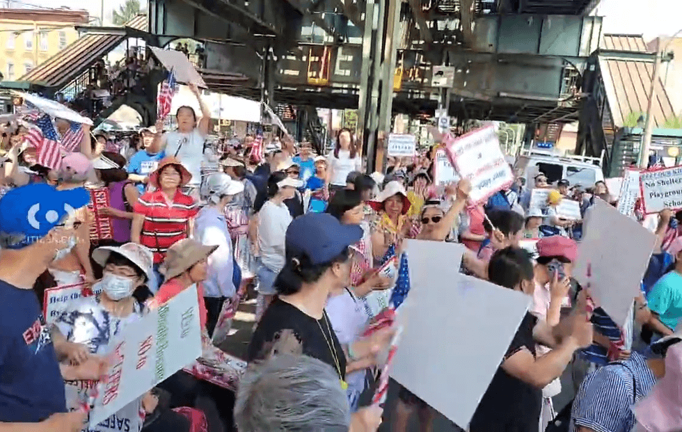 About 150 gathered in Bensonhurst, Brooklyn on Wednesday morning to protest the construction of a new homeless shelter.