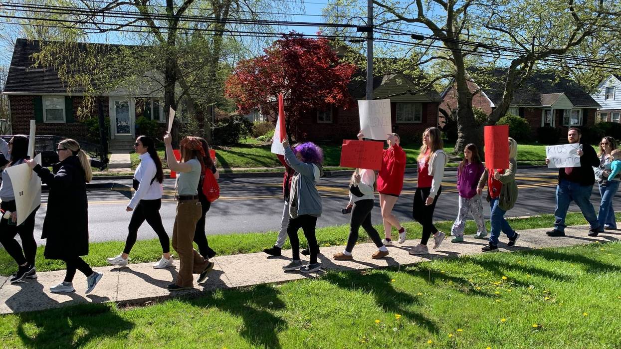 About 30 parents and students rallied outside the North Penn School District Educational Services Center in Lansdale on April 23, 2024, calling on top district administrators to step down after they say school officials failed to prevent last week’s violent student assault in the lunchroom.