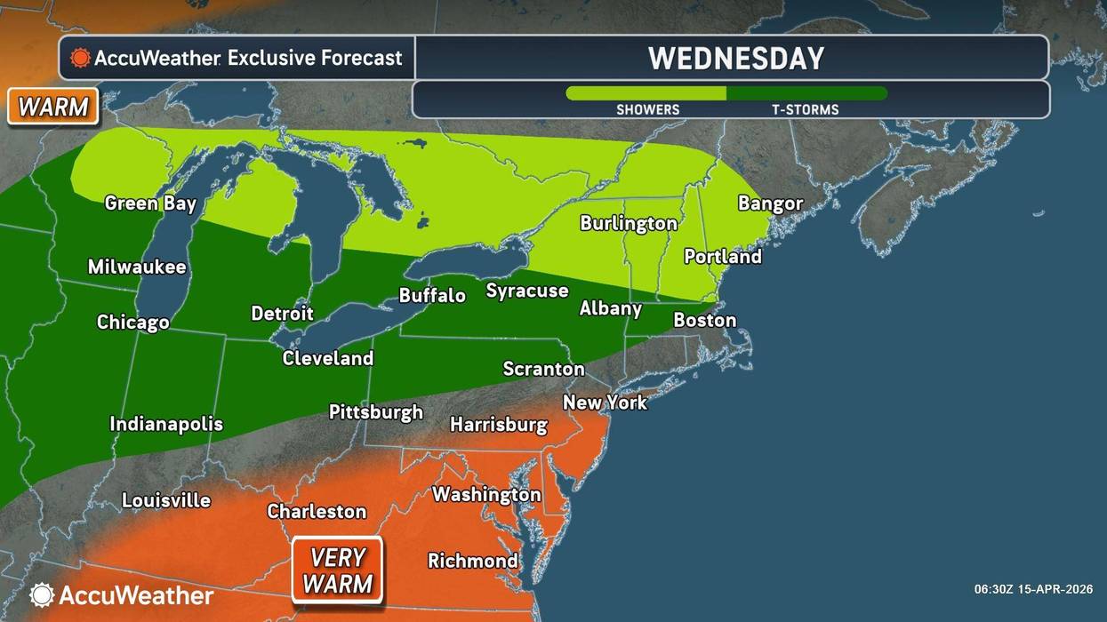 AccuWeather map for Wednesday: Warm to very warm temps, showers & t-storms across Eastern US & Great Lakes.