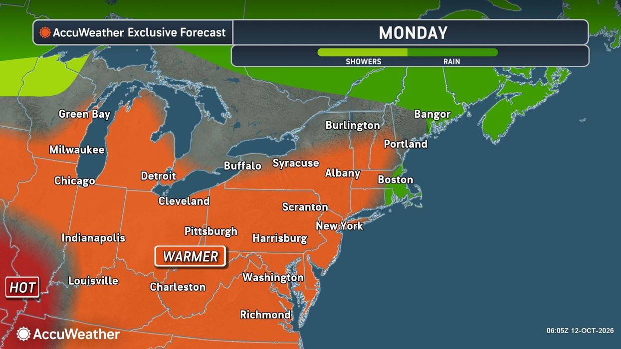 AccuWeather Monday forecast map: Warm/hot Midwest & Northeast, showers/rain in New England.