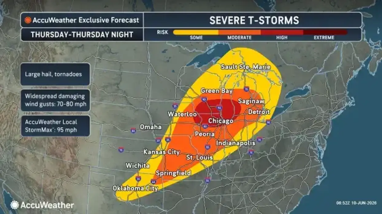 AccuWeather severe storm forecast map, central US Thursday. High risk of tornadoes, hail, and 70-80 mph winds.