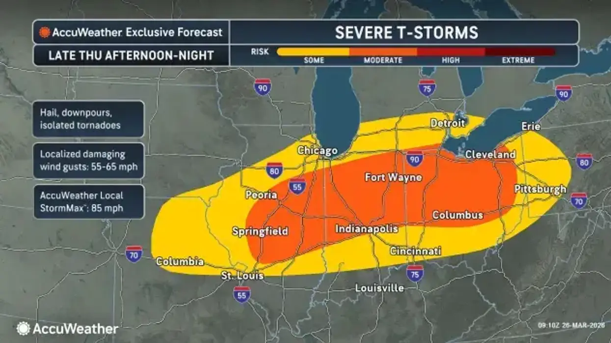 AccuWeather severe T-storm forecast map for Midwest & Northeast US, Late Thu. Hail, wind gusts, tornadoes.