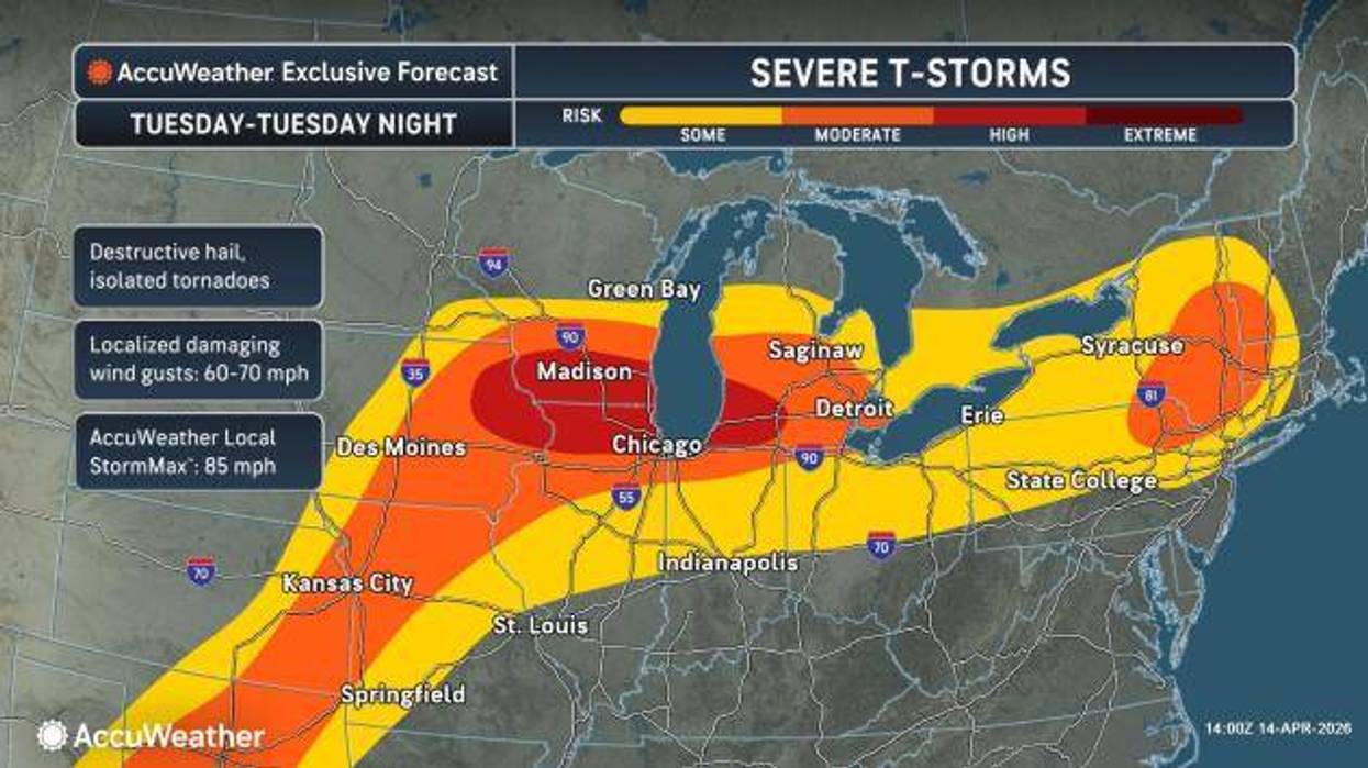 AccuWeather severe T-storm risk map for Tuesday across Midwest & Northeast US.