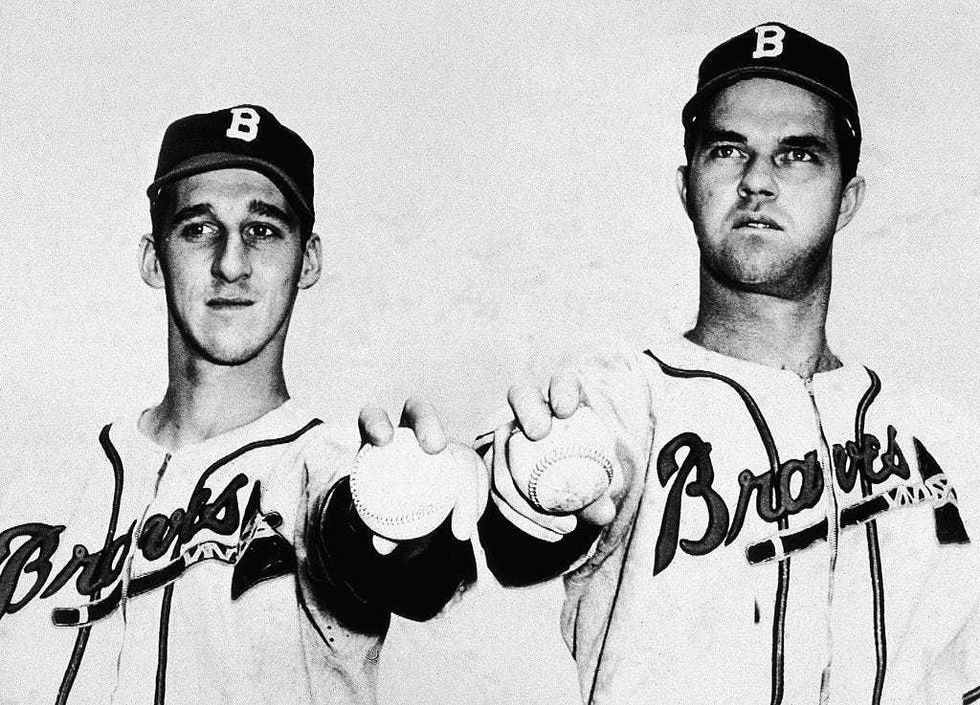 Ace pitchers Warren Spahn and Johnny Sain ahead of the 1948 World Series. The two inspired the famous rhyme "Spahn and Sain and pray for rain," which was based on a Boston Post poem.