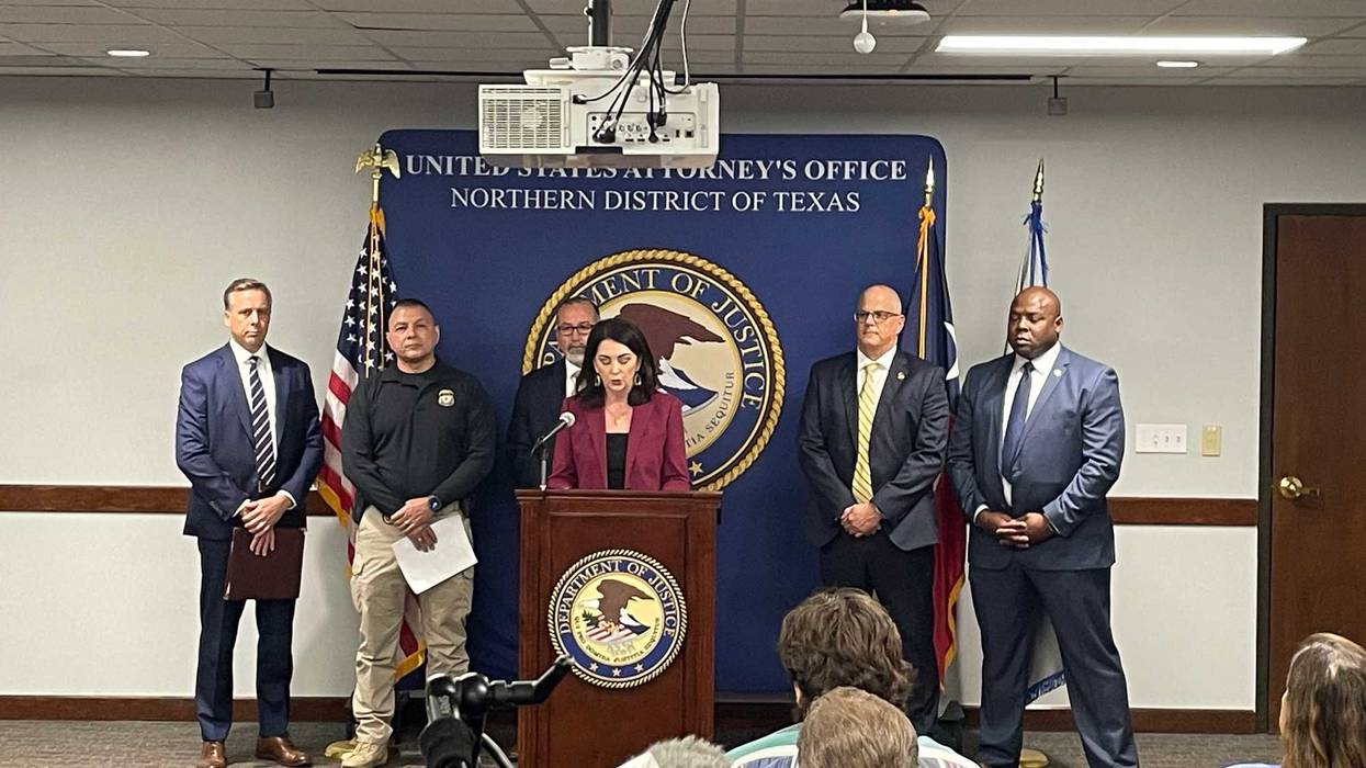 Acting U.S. Attorney Nancy Larson speaks at the Federal Building in Downtown Dallas