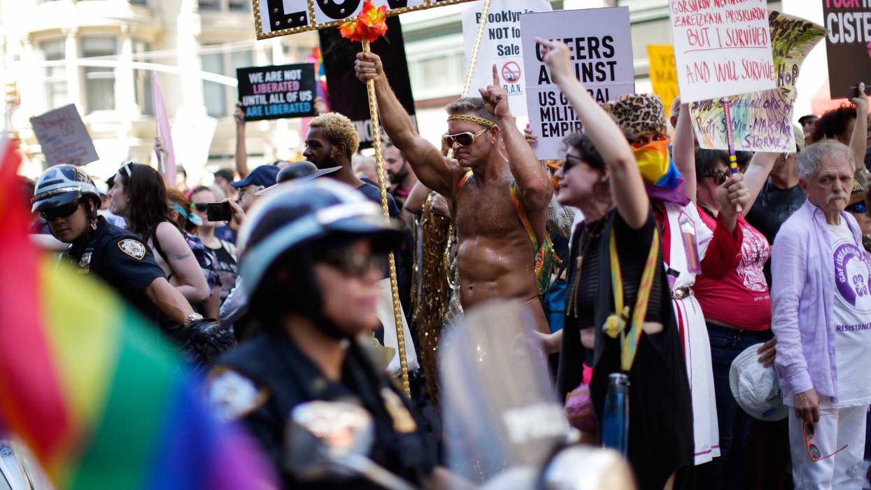 Activists shout slogans at police during the Queer Liberation March on June 30, 2019 in New York City. The march marks the 50th anniversary of the Stonewall riots in the Greenwich Village neighborhood of Manhattan on June 28, 1969, widely considered a watershed moment in the modern gay-rights movement. The Queer Liberation March, organized by the Reclaim Pride Coalition, began as a protest of the much larger NYC Pride March, which some have accused of being too corporate-sponsored and too strict on participation requirements.