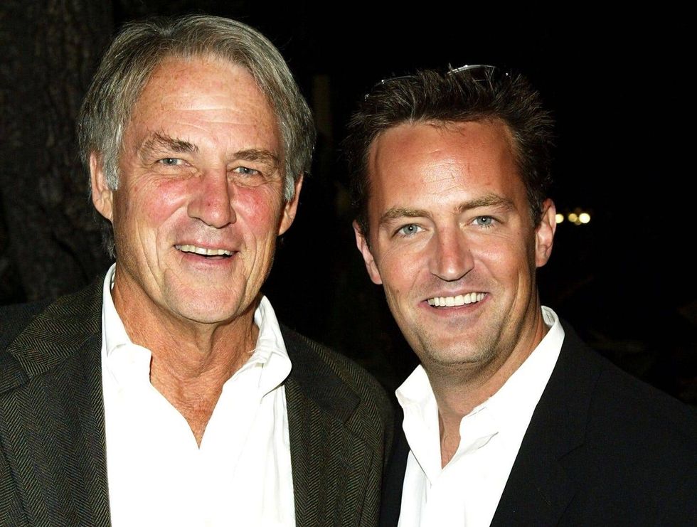 Actor Matthew Perry and father John Bennett Perry pose together at The Court Theater on October 4, 2003 in Los Angeles, California