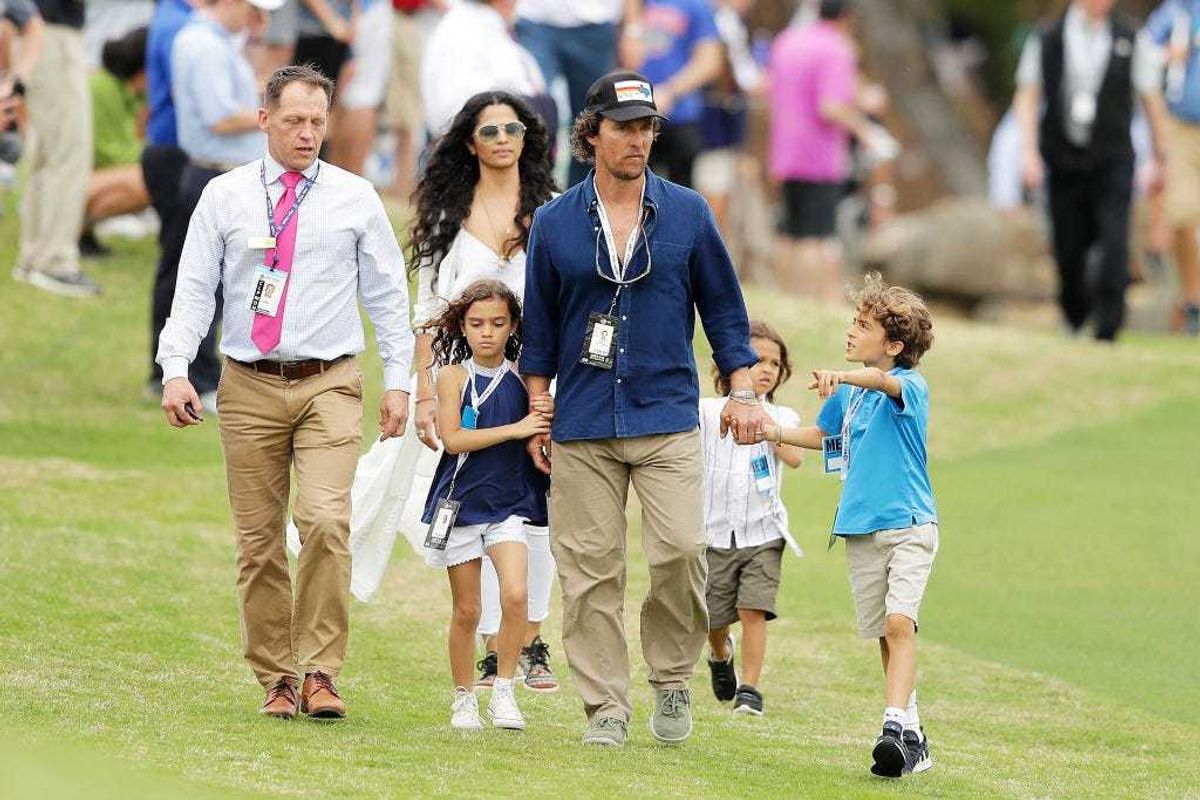 Actors Matthew McConaughey, Camila Alves and their children Levi, Vida and Livingston attend the final round of the World Golf Championships-Dell Match Play at Austin Country Club on March 25, 2018 in Austin, Texas. (Photo by Richard Heathcote/Getty Images)