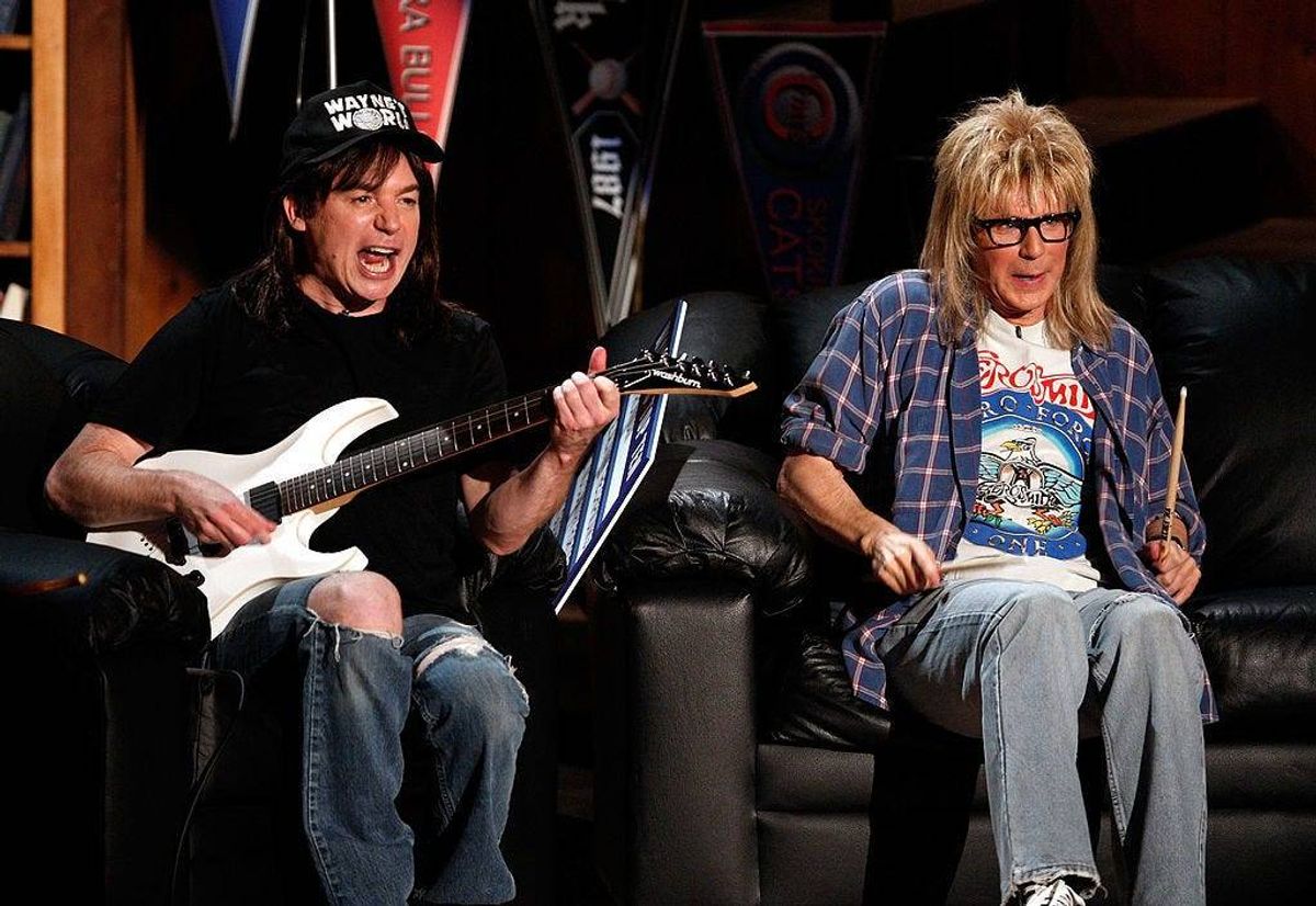 Actors Mike Myers (L) and Dana Carvey as Wayne and Garth from "Wayne's World" onstage during the 17th annual MTV Movie Awards held at the Gibson Amphitheatre on June 1, 2008