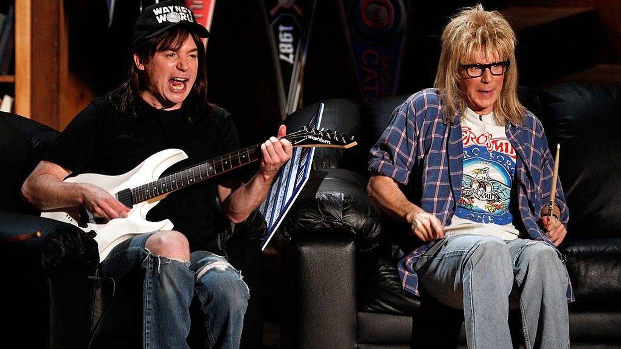 Actors Mike Myers (L) and Dana Carvey as Wayne and Garth from "Wayne's World" onstage during the 17th annual MTV Movie Awards held at the Gibson Amphitheatre on June 1, 2008