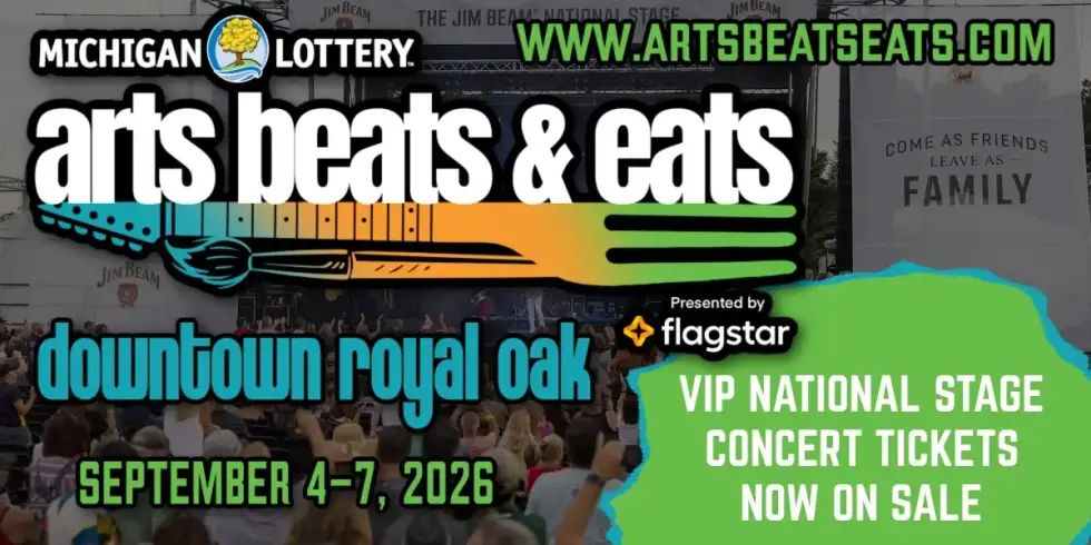 Ad for Michigan Lottery Arts, Beats & Eats festival, Royal Oak, Sep 4-7, 2026. Tickets on sale.