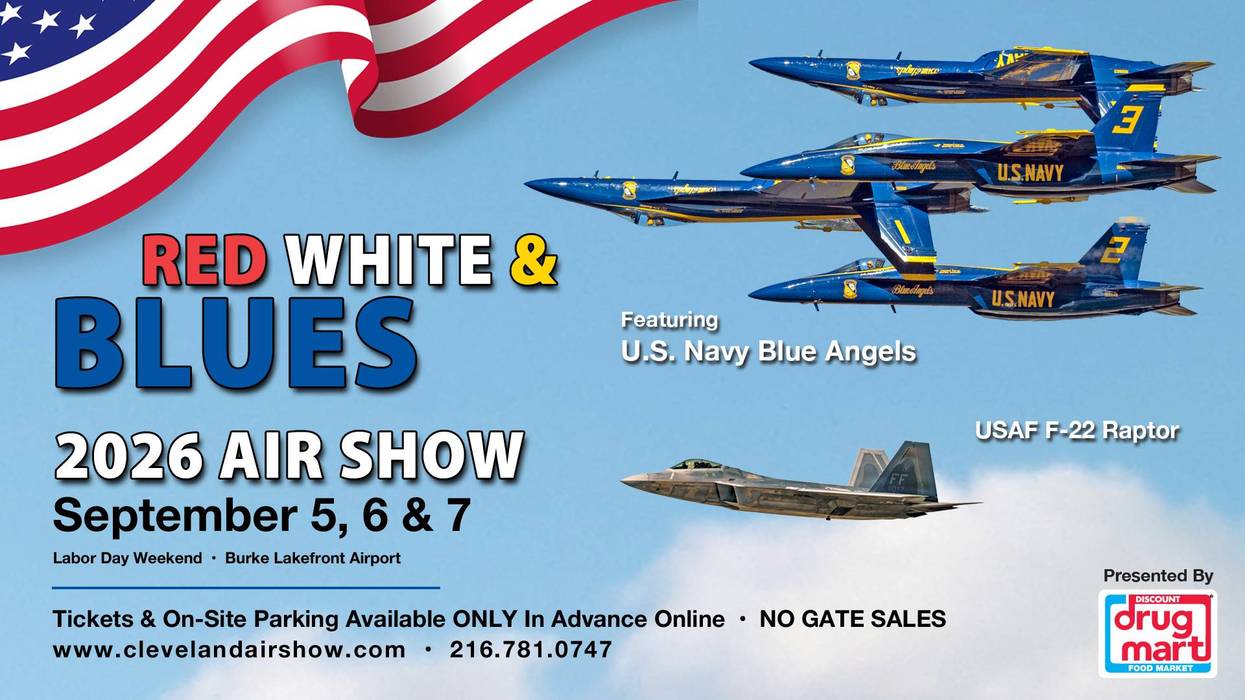 Ad for Red, White & Blues 2026 Air Show featuring Blue Angels, F-22 Raptor. Sept 5-7.
