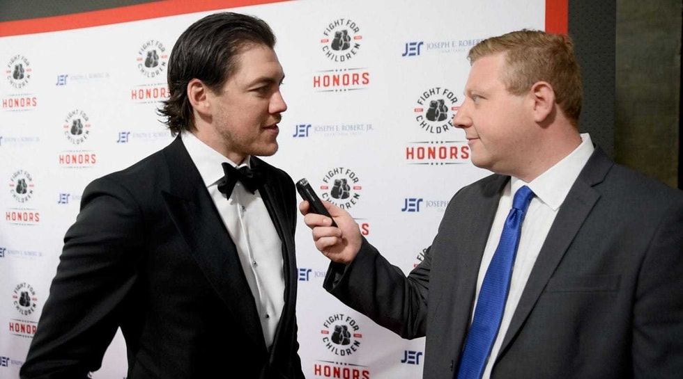 Adam Epstein catches up with TJ Oshie at the Fight for Children Event on May 4, 2023.