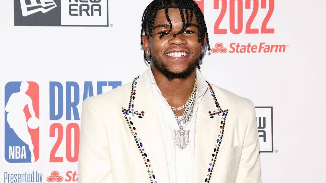 aden Hardy poses for photos on the red carpet during the 2022 NBA Draft at Barclays Center on June 23, 2022 in New York City.