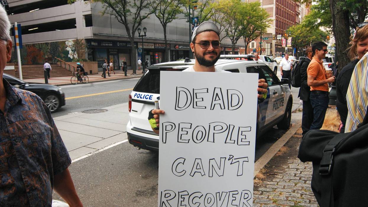 Advocates for safe injection sites rally in Philadelphia in 2019, calling for evidence-based harm-reduction policies, an end to the dehumanization of people with addiction, and the opening of a safe injection site in Philadelphia.