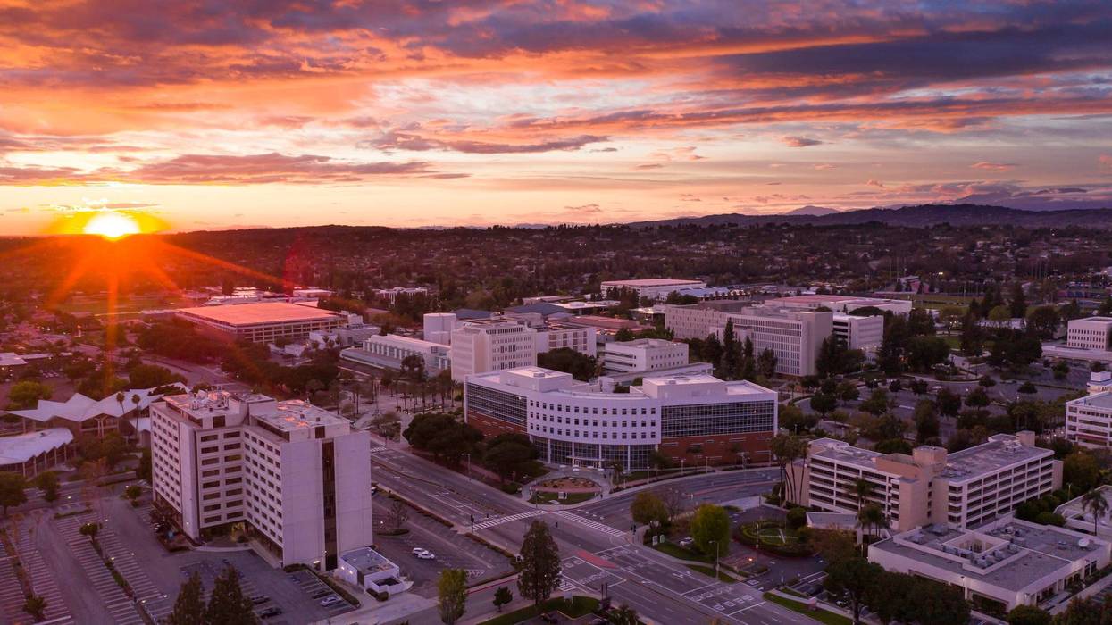 Aerial sunset view of the public civic center district of Fullerton, California.