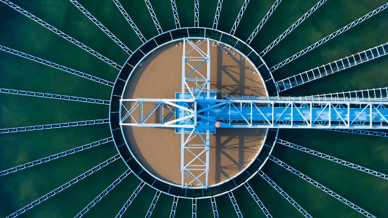 Aerial Top View of Drinking water treatment plant. Microbiology of drinking water production and distribution,