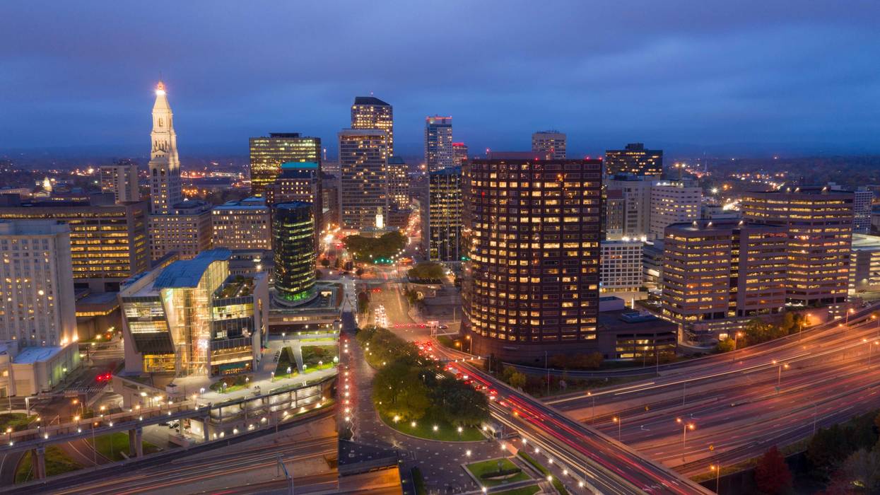 Aerial View Downtown City Skyline of Hartford After Dark