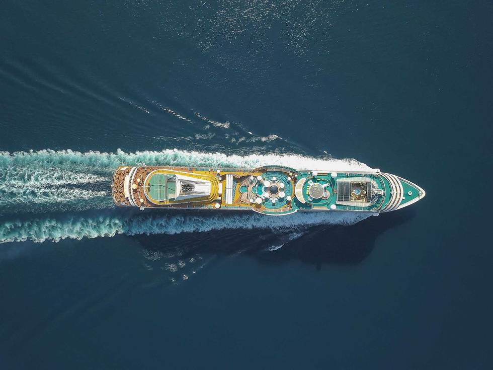 Aerial view large cruise ship at sea.