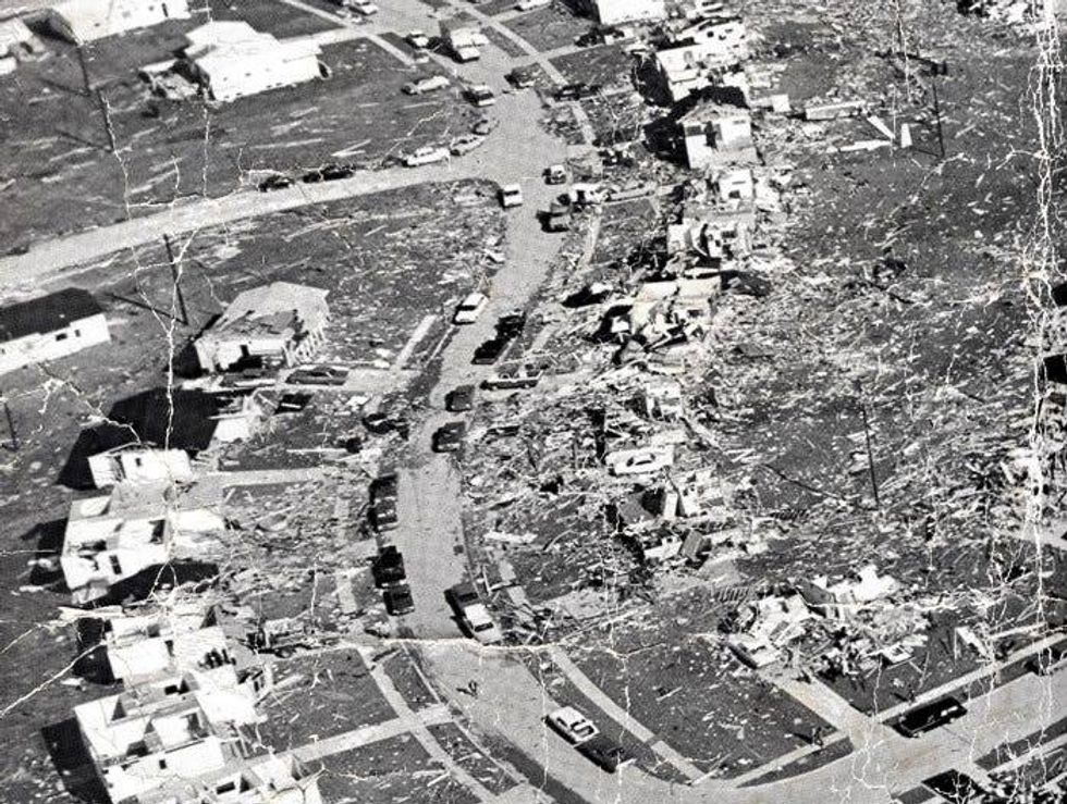 Aerial view of 1967 tornado damage near Chesterfield