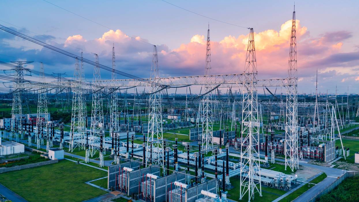 Aerial view of a high voltage substation.