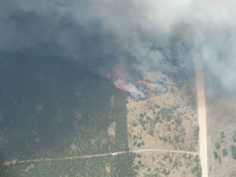 Aerial view of fire line near a roadway.