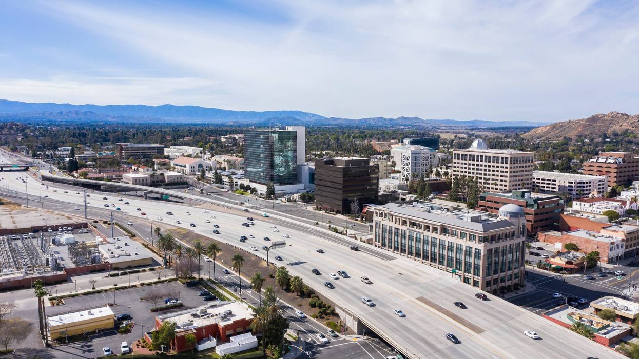 aerial view of freeway running through riverside california
