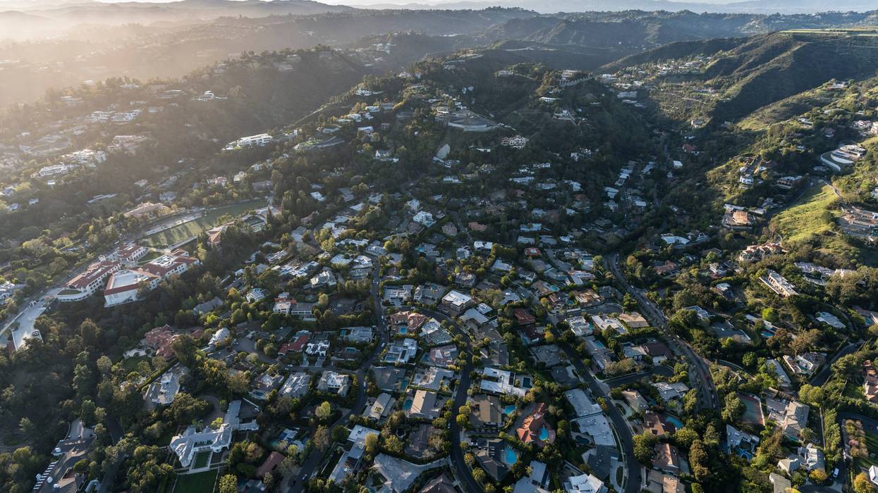 aerial view of houses in a canyon