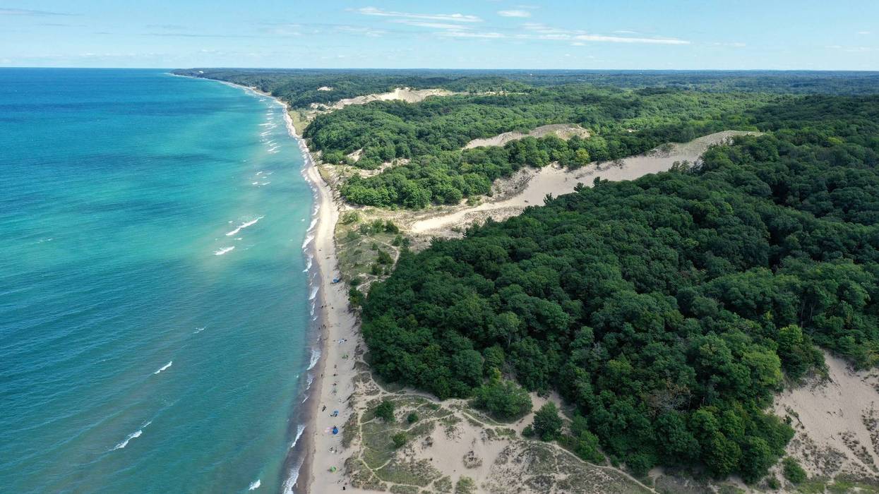 Aerial view of Lake Michigan and Warren Dunes State Park in Michigan where two brothers drowned while swimming offshore.