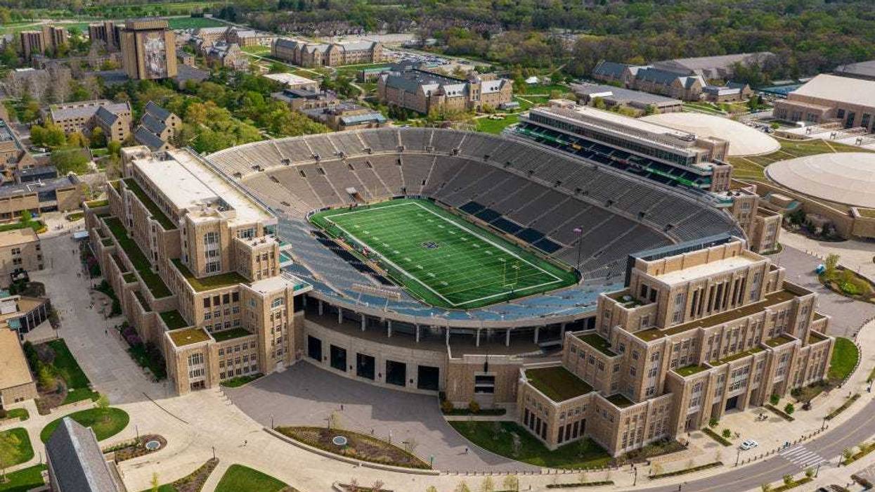 Aerial view of Notre Dame Stadium from a drone prior to the Blue-Gold Spring Game at Notre Dame Stadium on May 01, 2021 in South Bend, Indiana.