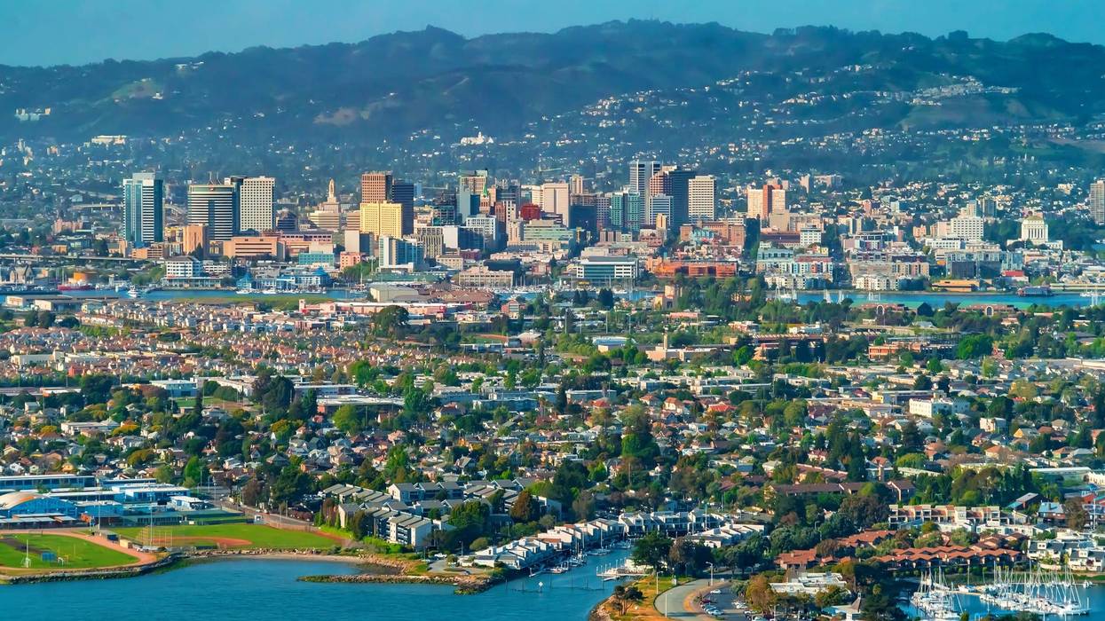 Aerial view of Oakland, CA from the bay