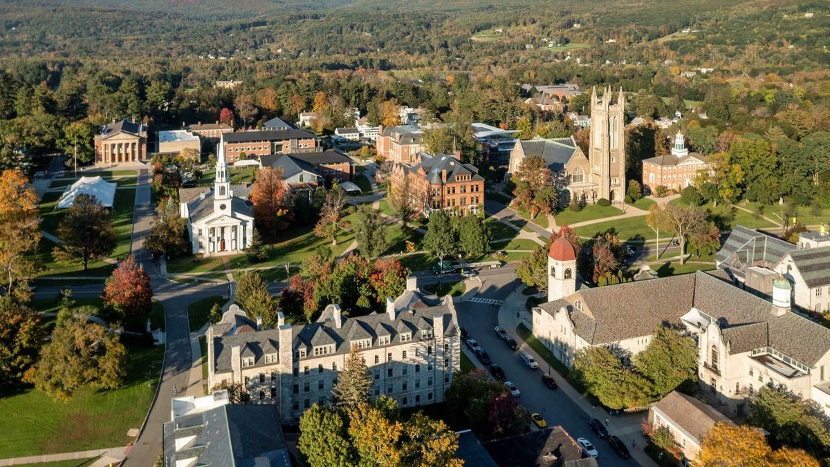 Aerial view of the Thompson Memorial Chapel and the campus of Williams College in Williamstown, MA during fall.
