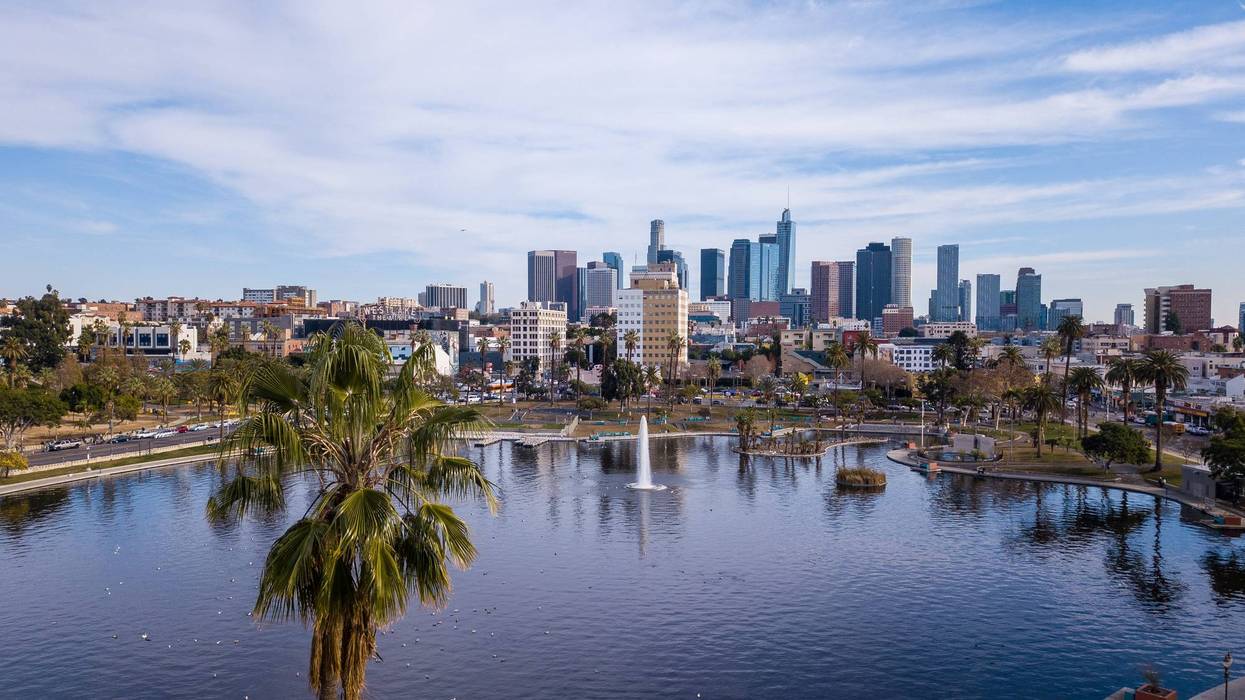 Aerial views of MacArthur Park in Los Angeles, California.
