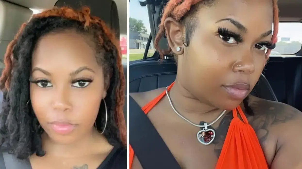 African American woman with reddish-orange and black dreadlocks in two side-by-side car selfies.