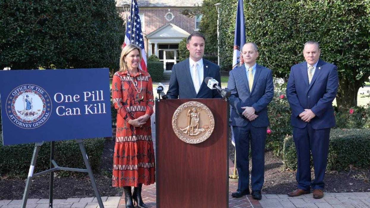 AG Jason Miyares speaking at One Pill Can Kill media event (First Lady Suzanne Youngkin to his right)