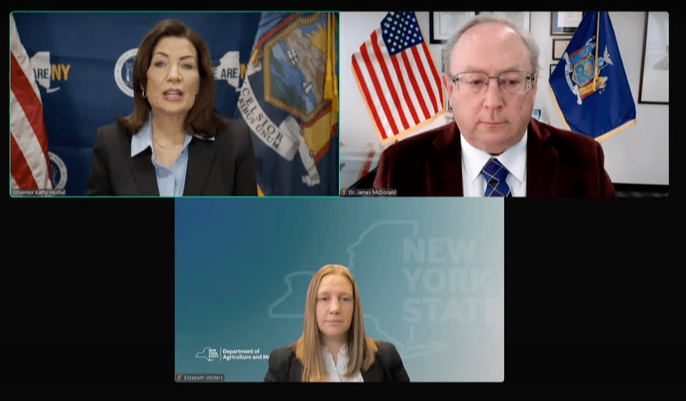 aGov. Kathy Hochul held a press conference with health officials Friday to announce the temporary closure of live poultry markets in New York City