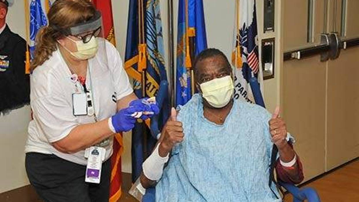 Air Force veteran Stephen Welch in VA Loma Linda Community Living Center receives the Moderna COVID-19 Vaccine.