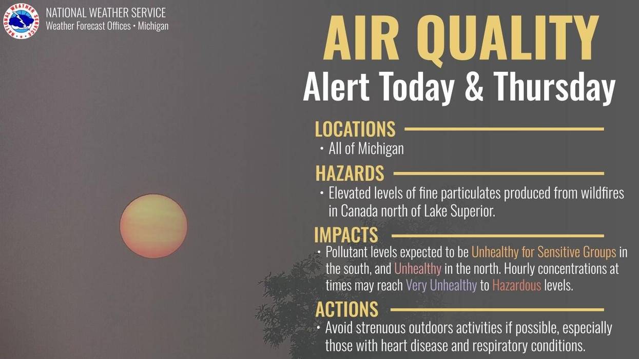 Air quality alert for Michigan from Canadian wildfires with hazy orange sun.