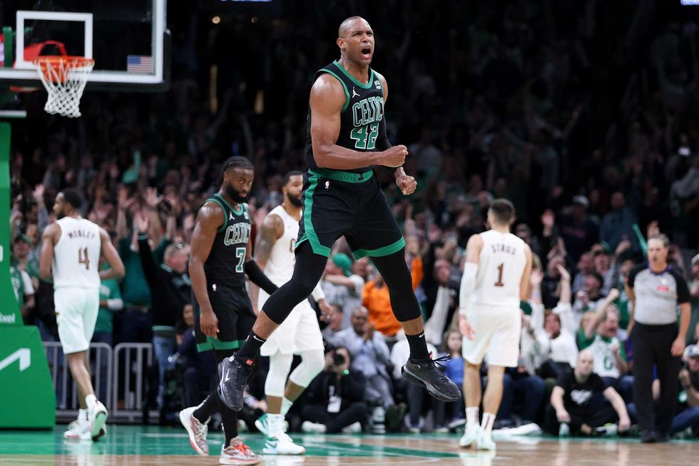 Al Horford #42 of the Boston Celtics celebrates against the Cleveland Cavaliers in Game Five of the Eastern Conference Second Round Playoffs at TD Garden on May 15, 2024 in Boston, Massachusetts.
