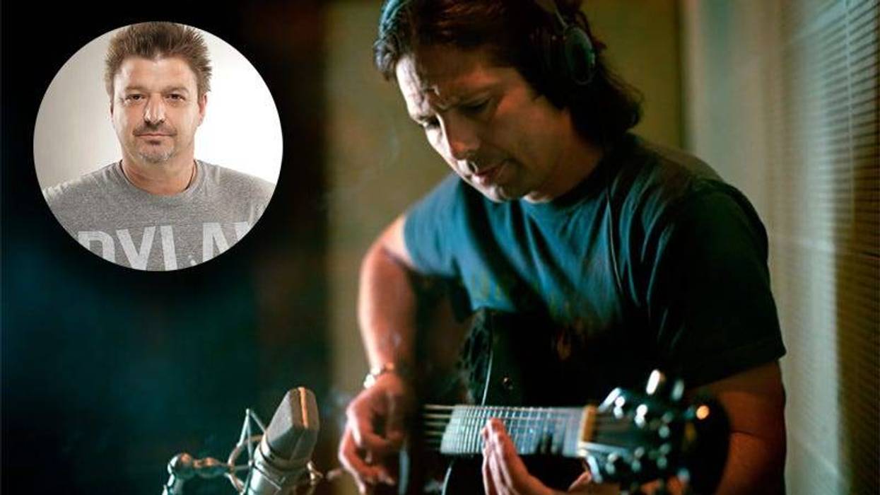 Al Pitrelli playing guitar with small inset picture of Stoney