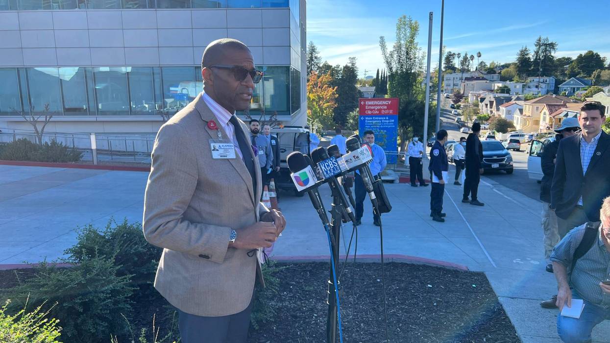 Alameda County Health System CEO James Jackson speaking outside Highland Hospital following a mass shooting in Oakland on Wednesday.