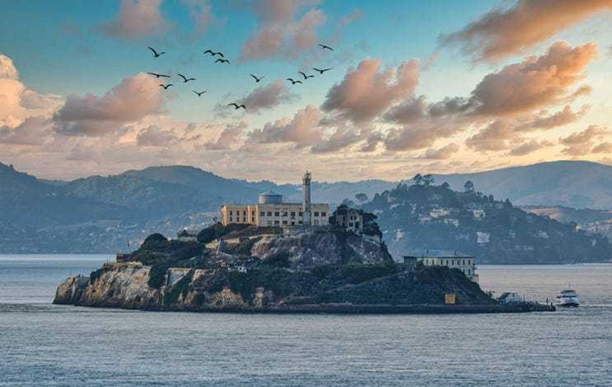 Alcatraz Island at sunset.