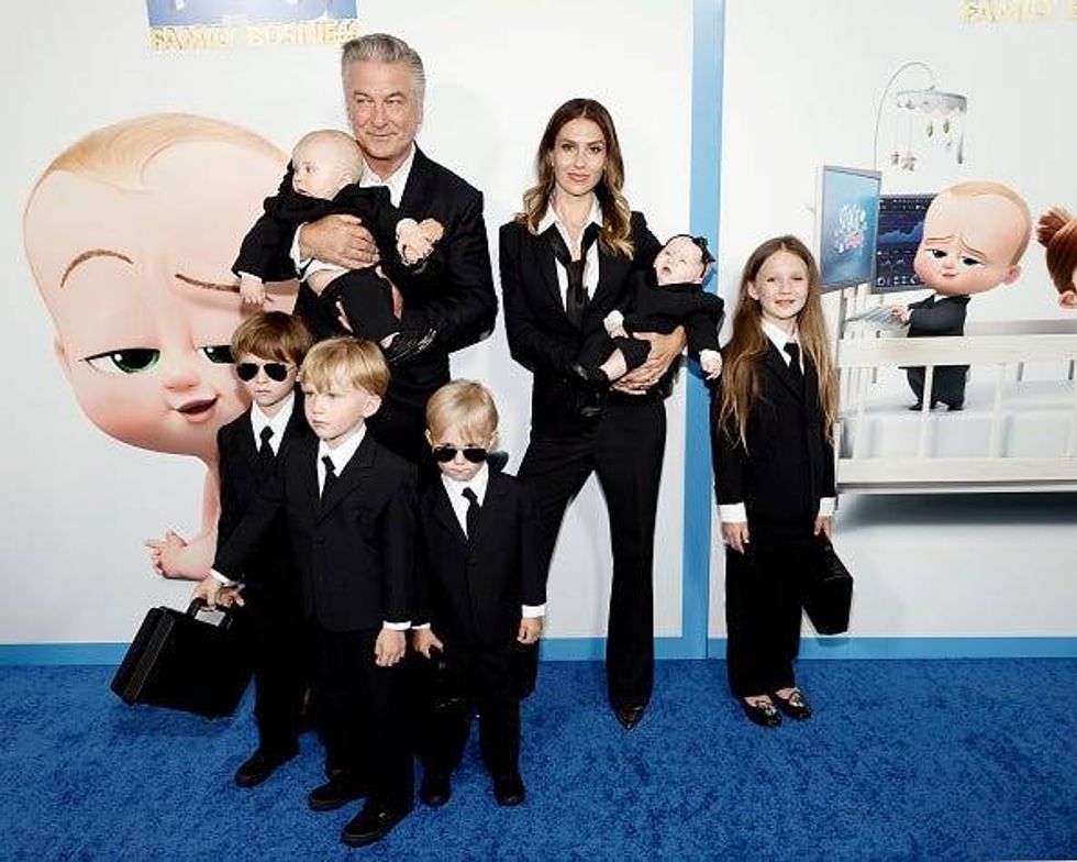 Alec and Hilaria Baldwin wear matching ‘Boss Baby’ suits with all six kids at film premiere