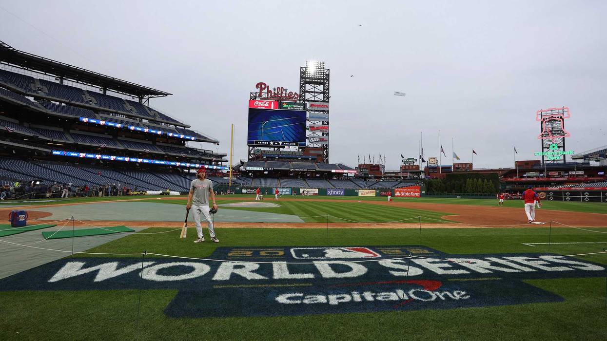 Alec Bohm of the Philadelphia Phillies looks on during batting practice ahead of Game 3 of the 2022 World Series at Citizens Bank Park on Oct. 31, 2022.